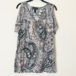 INC 2X Cold Shoulder Paisley Rhinestone Top Pink Gray Black Boho Glam V-Neck
